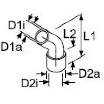 Webasto Molded hose D1i Ø 18 mm, D1a Ø 25 mm, D2i Ø 15 mm, D2a Ø 22 mm. Length 1 = 62 mm, L 2 = 31.5 mm. 45° 1320871A